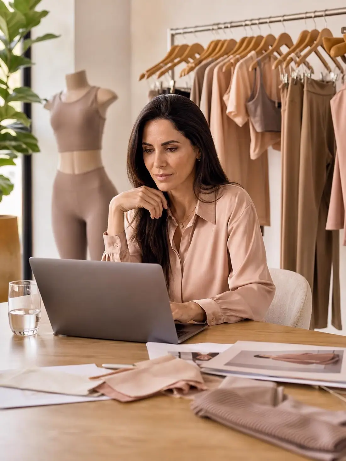 Mulher trabalhando no notebook em um ateliê com roupas fitness