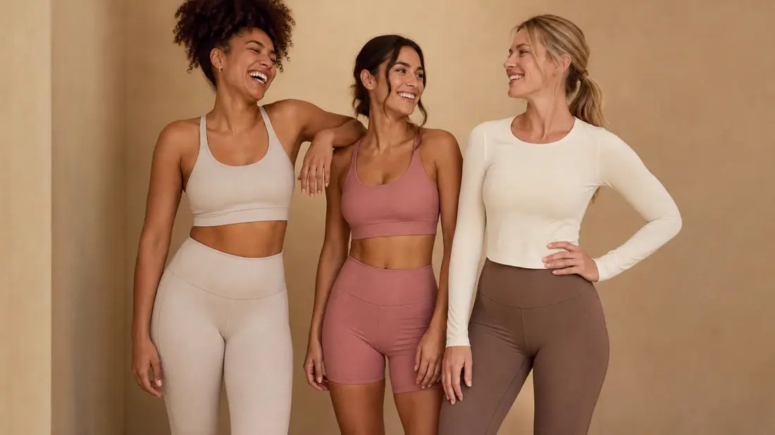 Três mulheres sorrindo vestindo conjuntos fitness