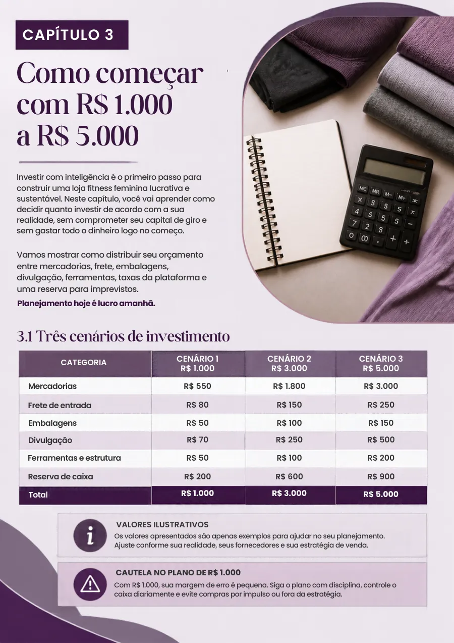 Página do guia com a tabela de três cenários de investimento